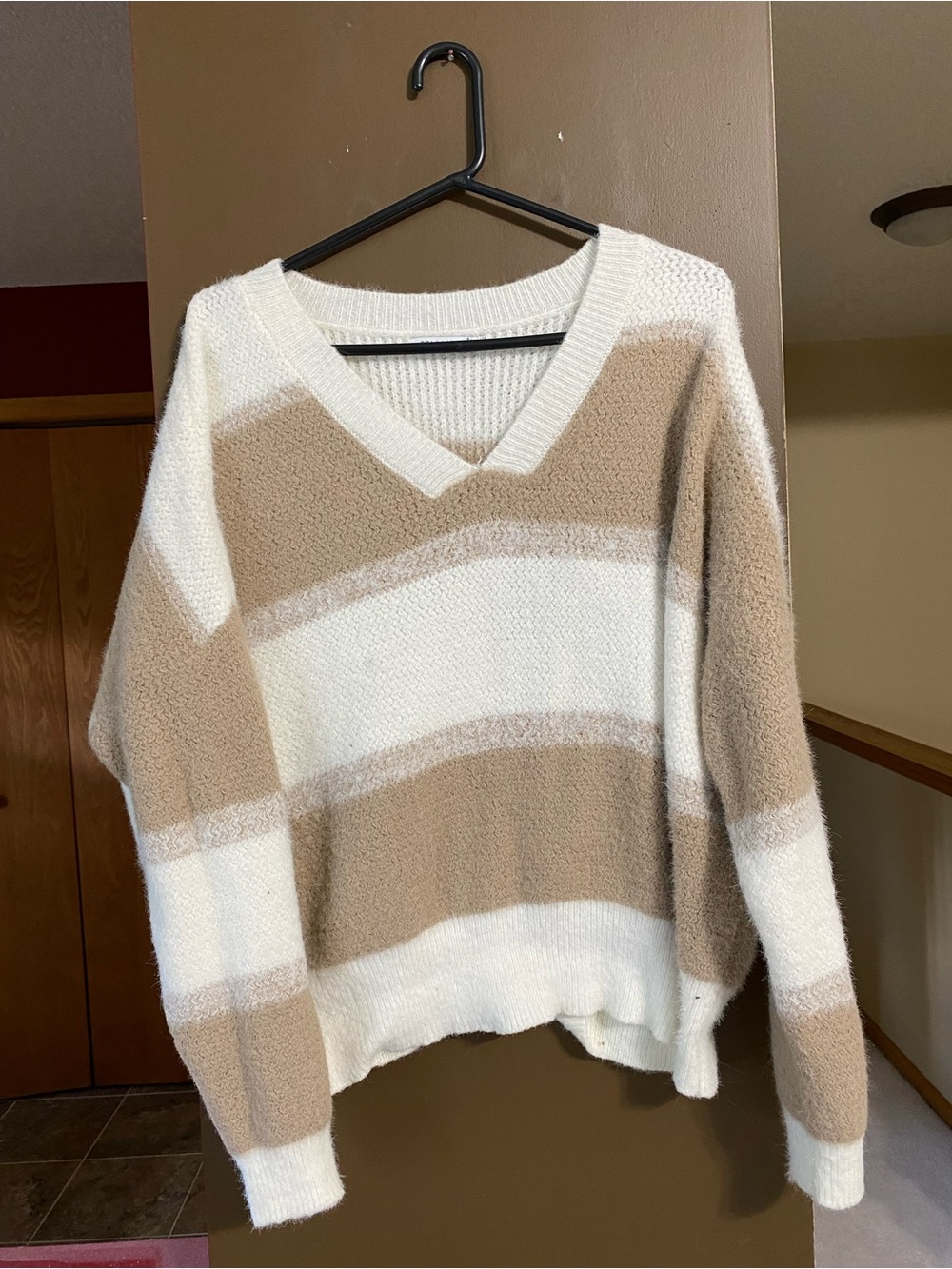 Staccato Cream & Tan Striped V-Neck Sweater